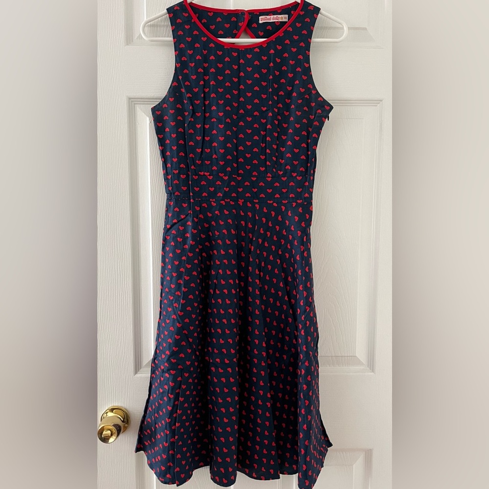 Retro Navy + Hearts Modcloth Fit & Flare Dress XS